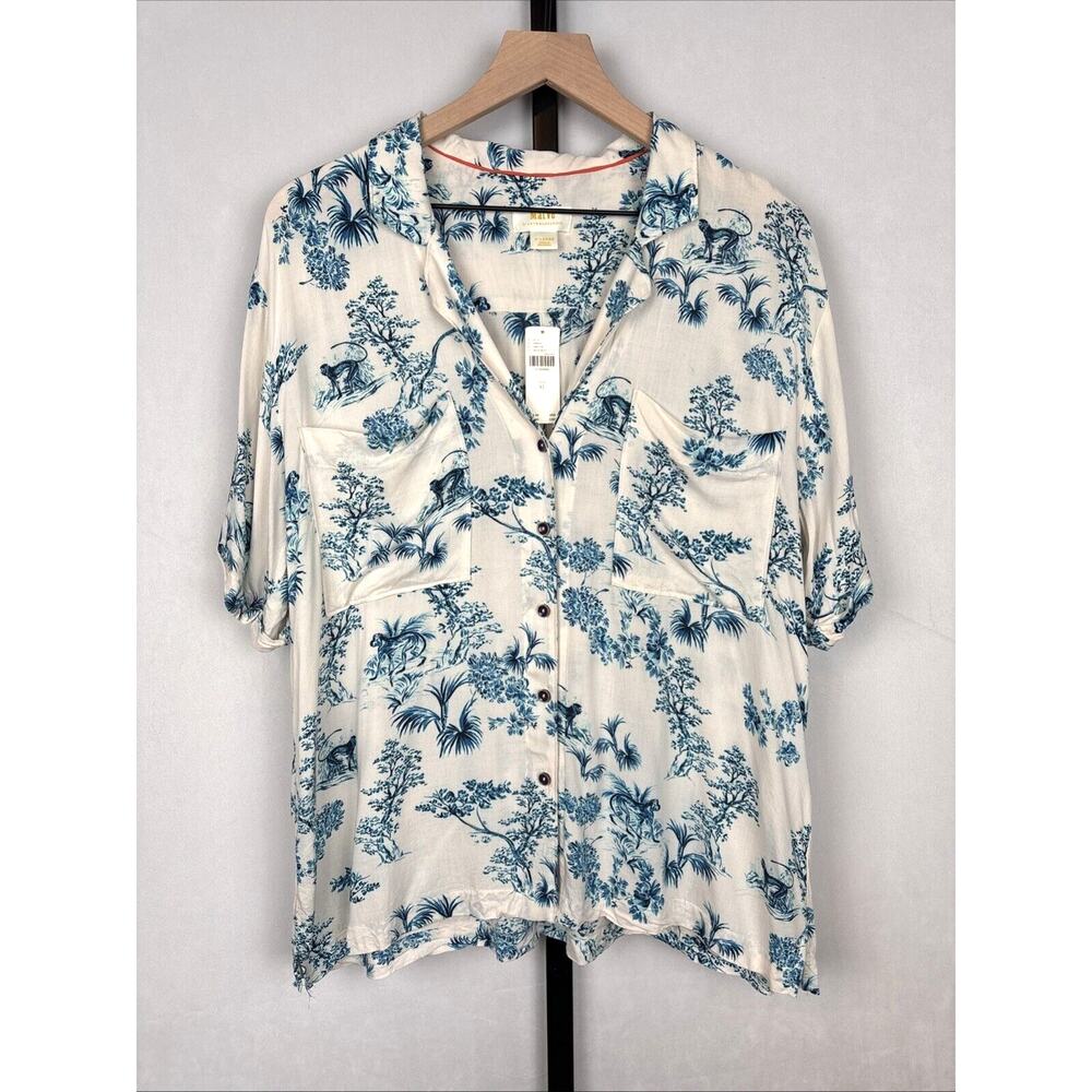 Maeve Cream Button-Front Blouse with Blue Botanical Print